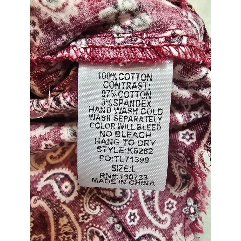 Umgee Burgundy Paisley Corduroy Western Button Down Shirt Raw Hem Large New - Picture 4 of 9